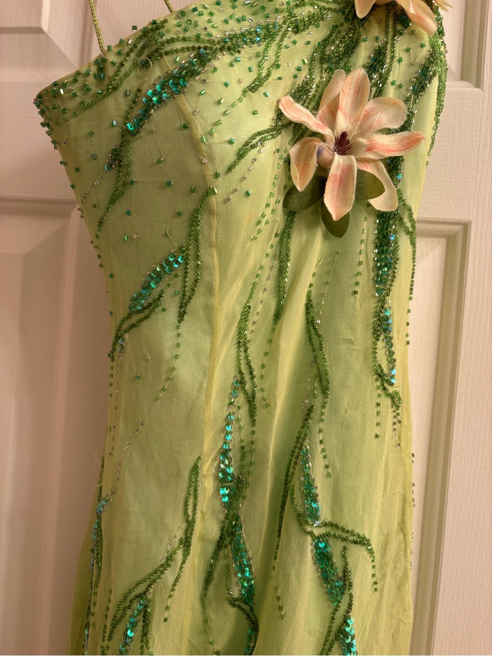 Silk Fairy Lime Green Beaded Maxi Dress with Floral Accents - Picture 3 of 15